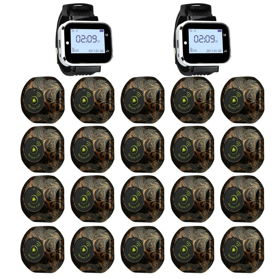 20 Call Button 2 Watch Pager Receiver for Restaurant Cafe Bar Wireless Service Call Bell Guest Calling System Pager