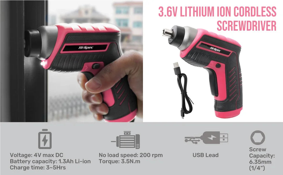 Hi-Spec Pink 3.6V Electric Screwdriver Rechargable Cordless Screwdriver Small Screw Gun USB Charge Powerful Electric Screwdriver
