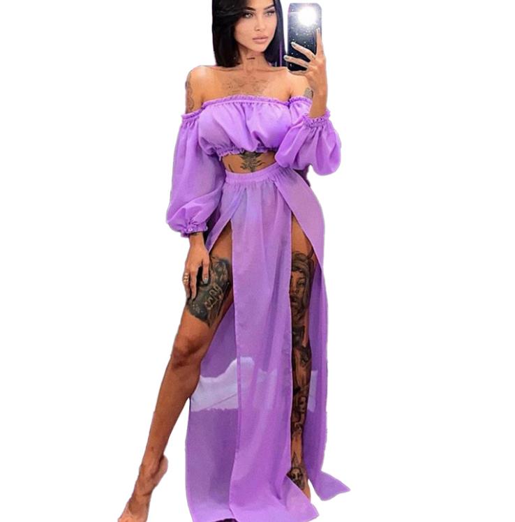 Women Summer Fashion Clothing Set Long Sleeve Off Shoulder Tops and Cover Up Skirt Two-piece Suit for Beach Vacation Travelling