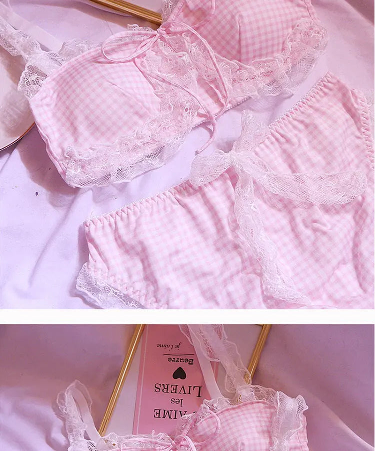 Girl Sweet Cute Wire Free Comfortable Bra Set Animie Lolita Women Underwear Suit Sexy Lace Plaid Kawaii Bra and Panty Set