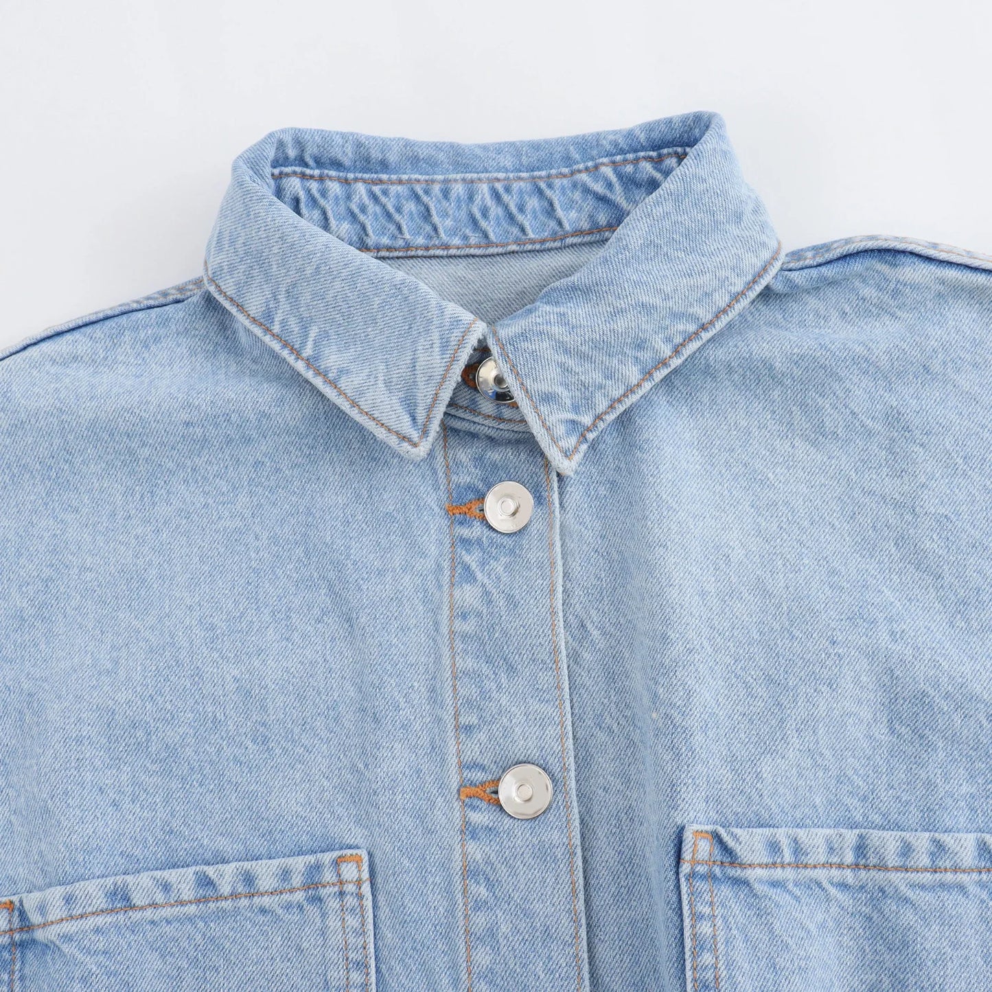 KP&ZA Vintage Summer Women's Casual Slim Denim Overalls Washed Technique Waist Solid 1879039 Rolled Sleeve Lapel Button