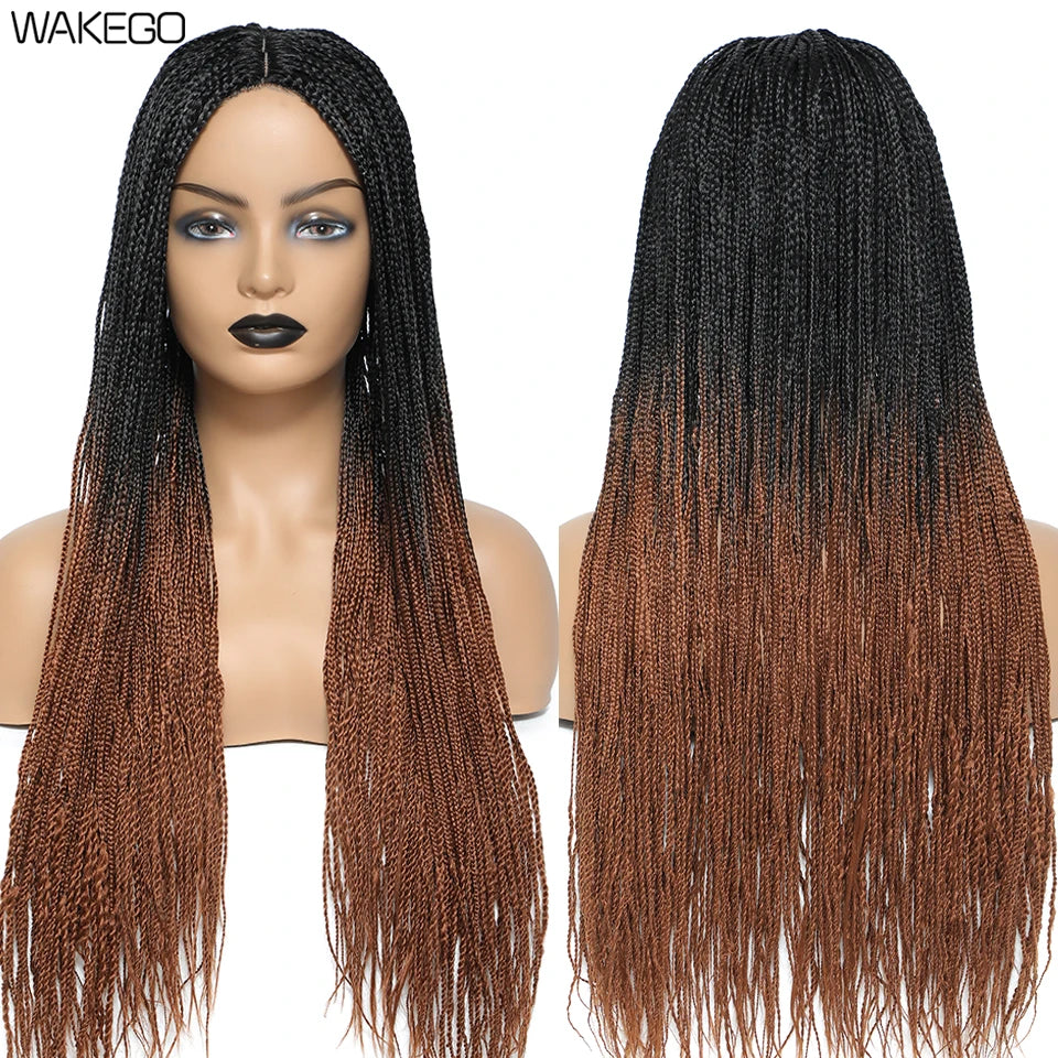 Wakego 26 Inch Ombre Box Braided Wigs For Black Women Braided Wig Fake Scalp Heat Resistant Braiding Hair Wig Peruca Sintetica