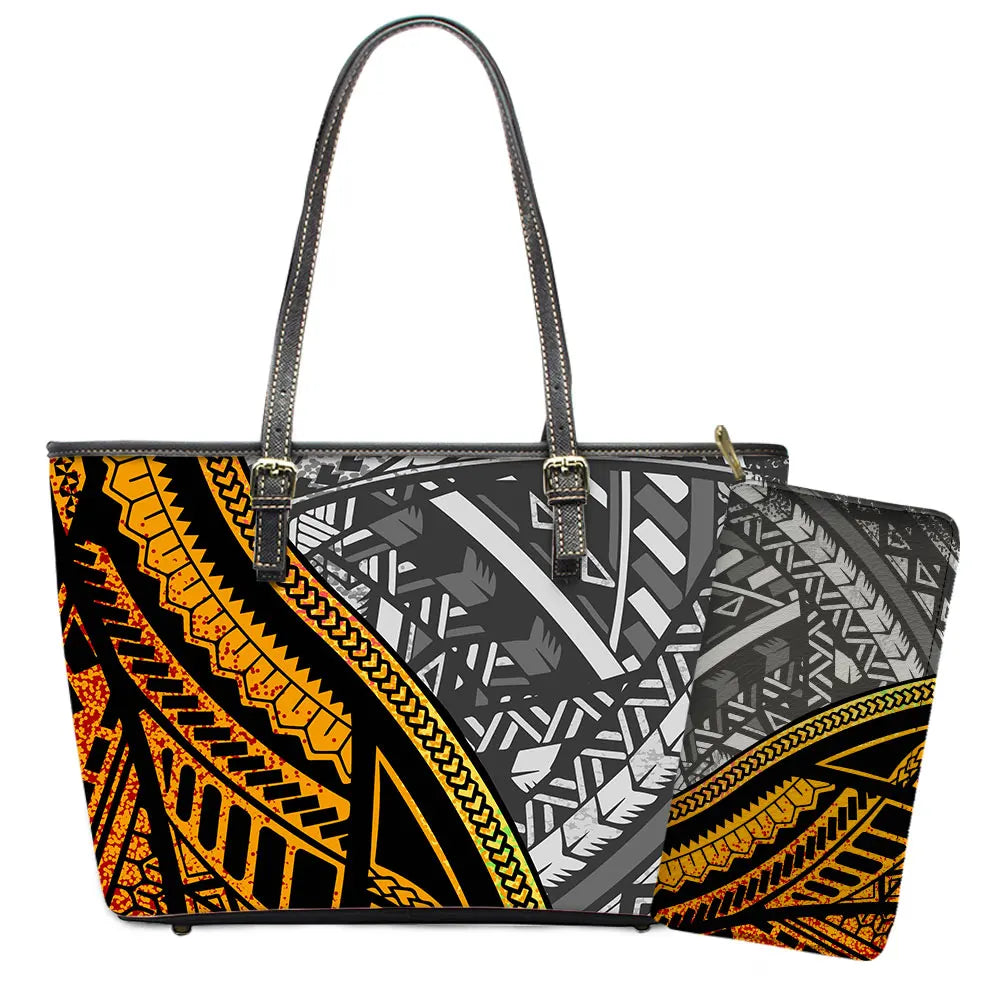 Elegant Polynesian Tribal Hawaii Tropical Leather Purses with Zipper Wallet Luxury Ladies Tote Bag Custom Women's Shoulder Bag