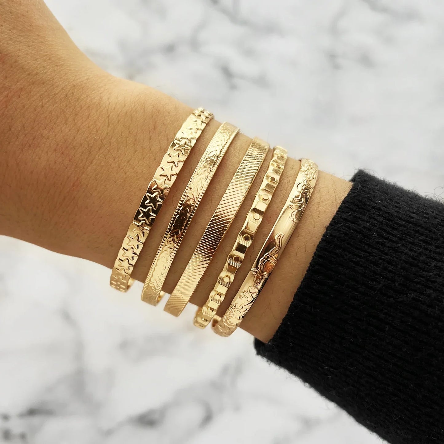 Ladies Women Fashion Jewelry Gold Expandable Inspired Designer Bangle Stackable Cable Wire Open Cuff Bangle Bracelet Set