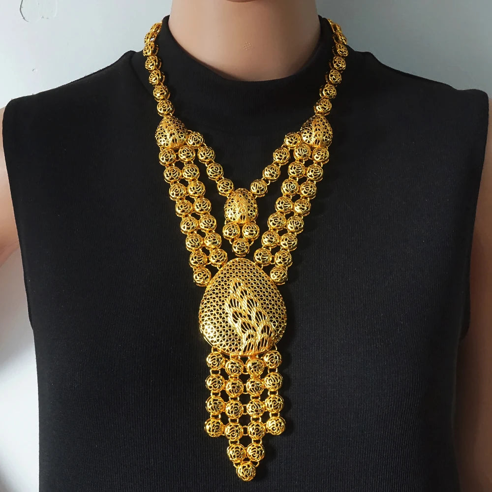 African Gold Color Long Necklace/Earrings/Ring Big Jewelry Set Women Arab Jewelry Wedding Accessories
