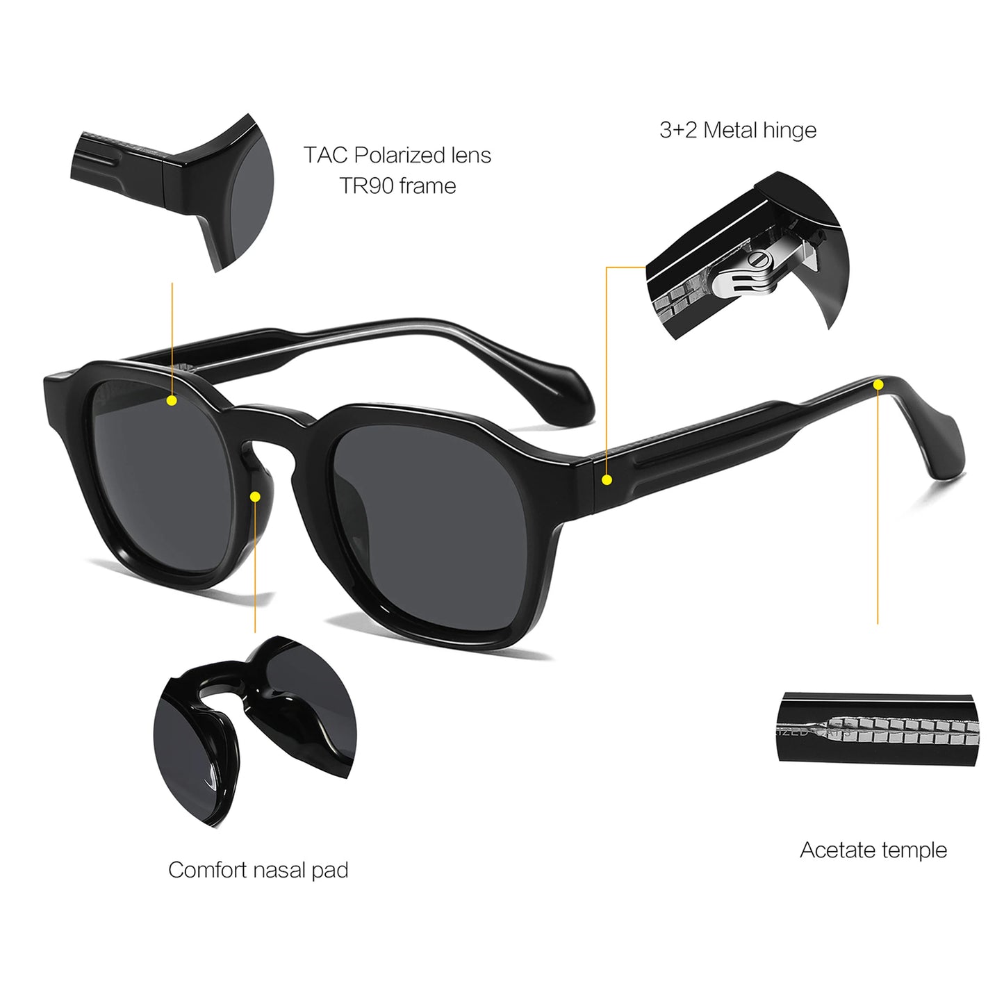 HBK Luxury Retro Sunglasses with TR90 Frame Square Acetate High Polarized Custom Lens for Men and Women This Summer