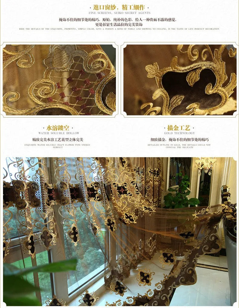 Embroidered Chenille Velvet Curtains for Living Room Bedroom European Modern Brown Gold Sheer Tulle Windows Backdrop Valance