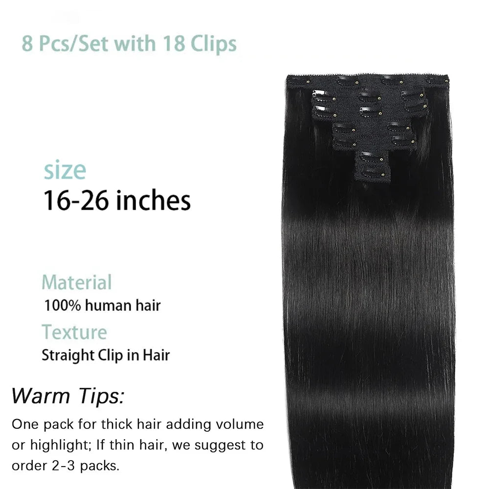100% Unprocessed Brazilian Virgin Remy Hair Extensions Full Head 8pcs 120G Natural Black Color Straight Human Clip-In System