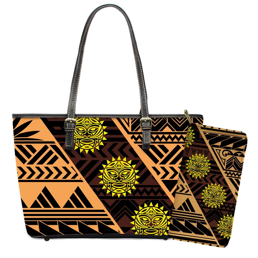 Elegant Polynesian Tribal Hawaii Tropical Leather Purses with Zipper Wallet Luxury Ladies Tote Bag Custom Women's Shoulder Bag