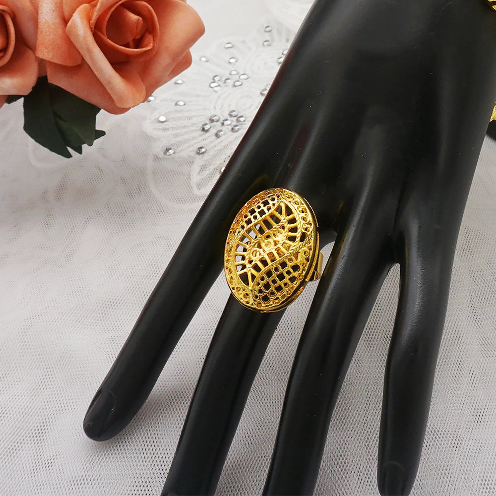 African Gold Color Long Necklace/Earrings/Ring Big Jewelry Set Women Arab Jewelry Wedding Accessories