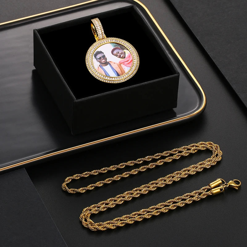 Customized Necklace Pendant Round Photo Medallions Necklace Men‘s Hip Hop Jewelry Personalized Custom Name Engraved Pendant Gift
