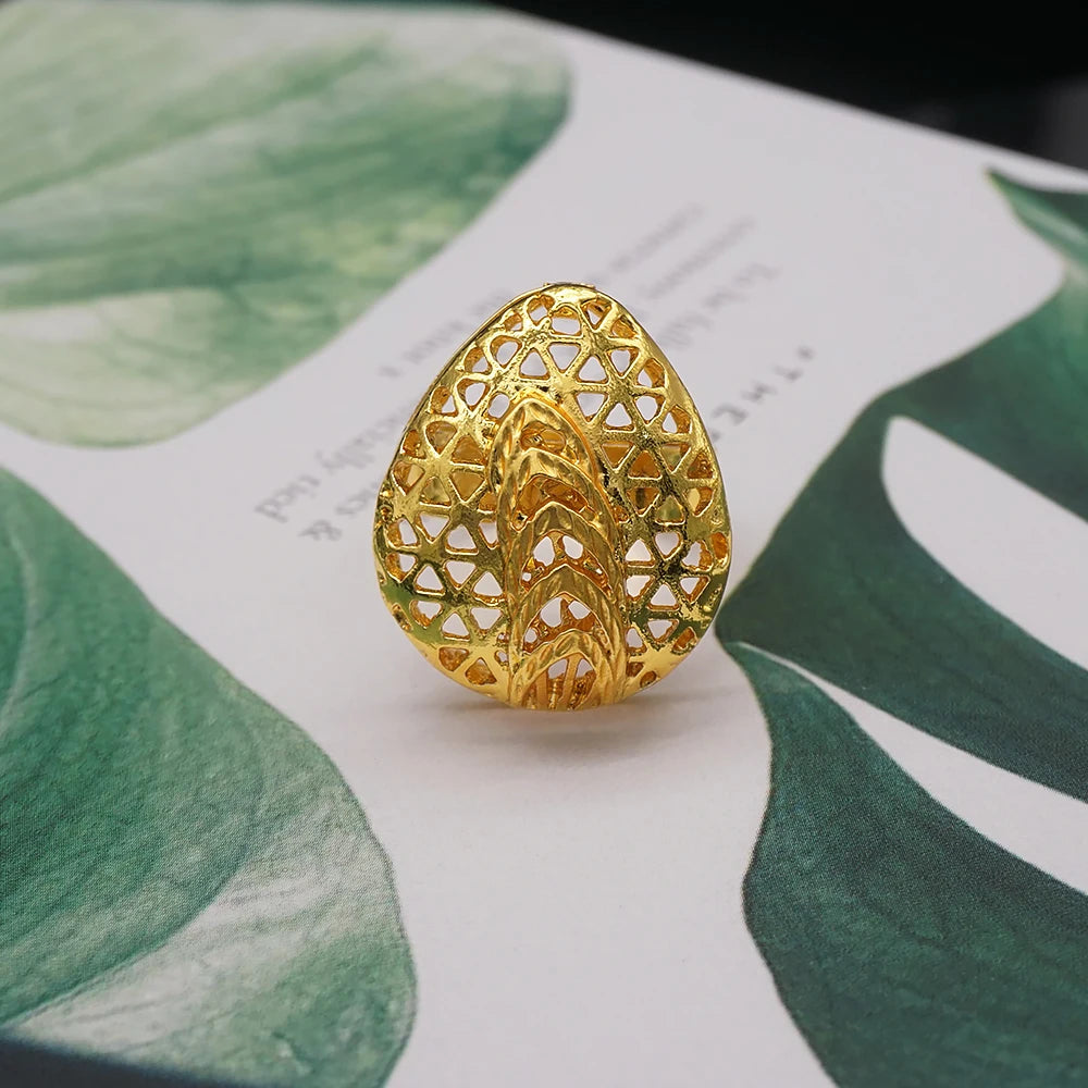 African Gold Color Long Necklace/Earrings/Ring Big Jewelry Set Women Arab Jewelry Wedding Accessories