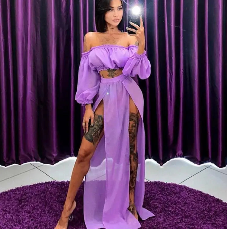 Women Summer Fashion Clothing Set Long Sleeve Off Shoulder Tops and Cover Up Skirt Two-piece Suit for Beach Vacation Travelling
