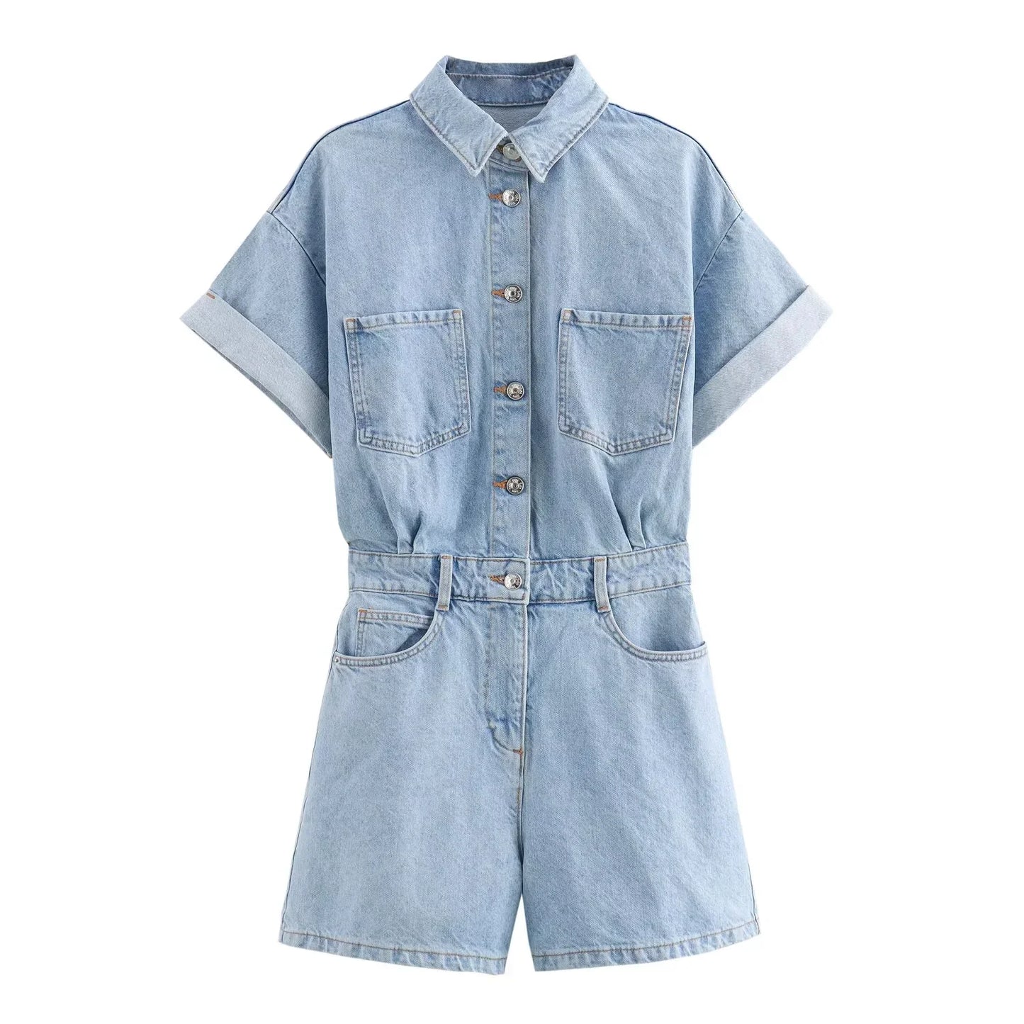 KP&ZA Vintage Summer Women's Casual Slim Denim Overalls Washed Technique Waist Solid 1879039 Rolled Sleeve Lapel Button