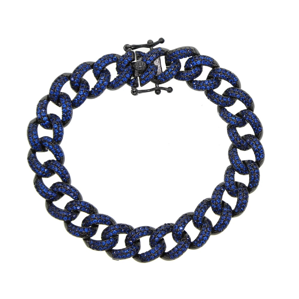 Women Hip Hop Colorful Cz Cuban Chain Bracelet 10mm Width Blue Red Green Cubic Zirconia Cuban Chain Bracelet Bangle For Women