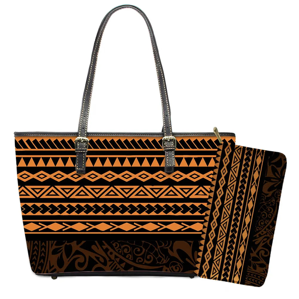 Elegant Polynesian Tribal Hawaii Tropical Leather Purses with Zipper Wallet Luxury Ladies Tote Bag Custom Women's Shoulder Bag