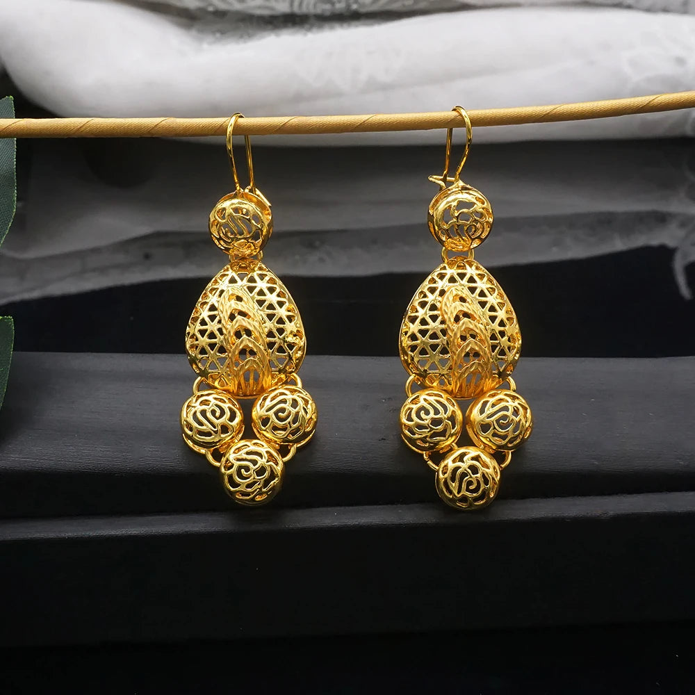 African Gold Color Long Necklace/Earrings/Ring Big Jewelry Set Women Arab Jewelry Wedding Accessories