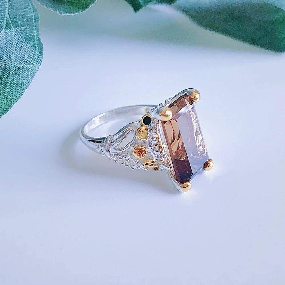 DreamCarnival1989 Crown Design Wedding Ring for Women Two-Tone Sparkling Brown Zirconia Elegant Factory Direct WA11715