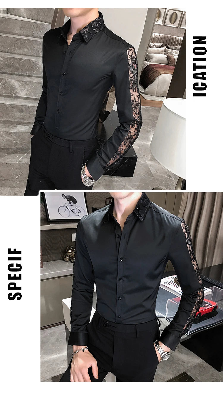 Chemise Homme Fashion Sexy Lace Long Sleeve Elegant Shirts For Men Clothing Slim Fit Casual Men's Social Shirt Tuxedo Big Size