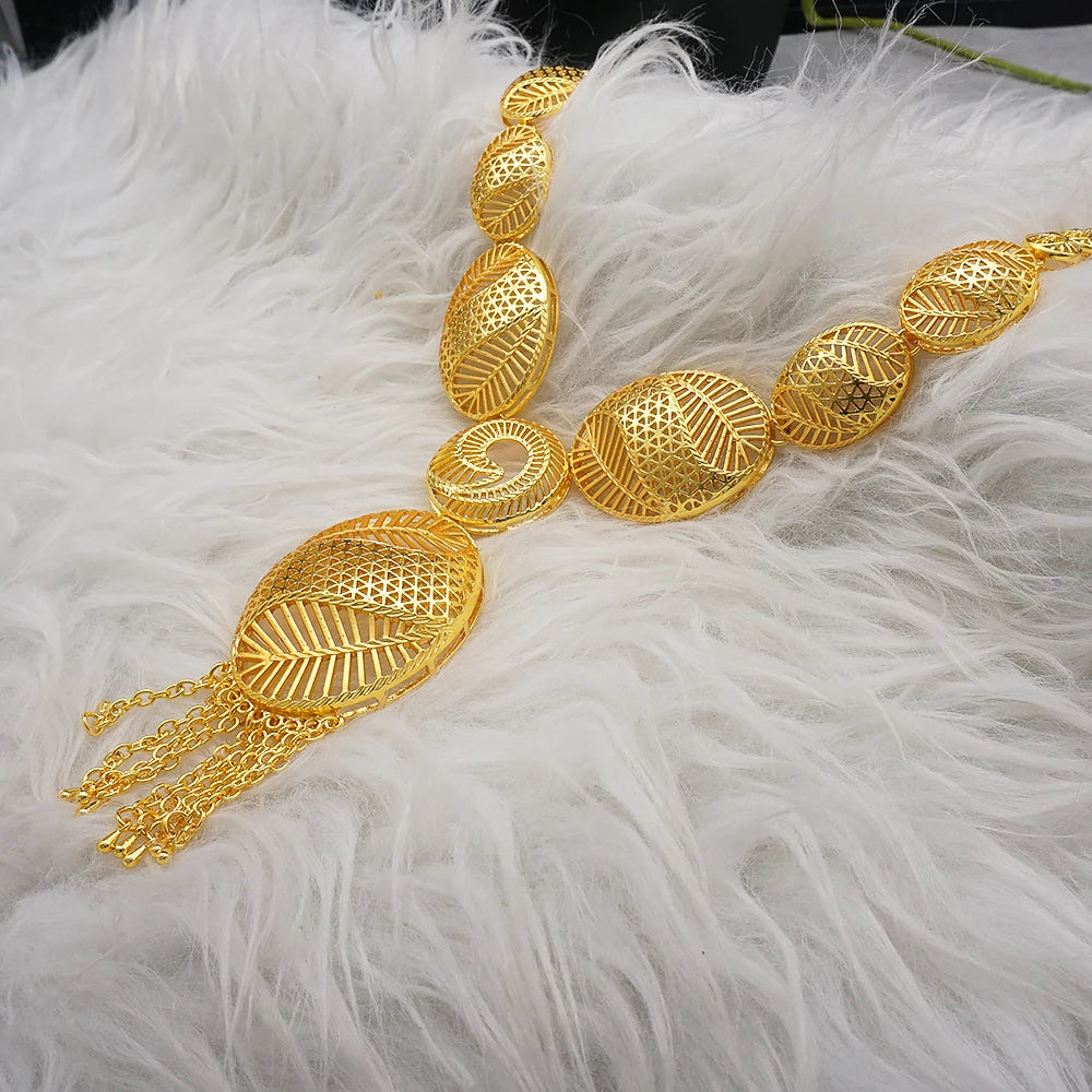 African Gold Color Long Necklace/Earrings/Ring Big Jewelry Set Women Arab Jewelry Wedding Accessories