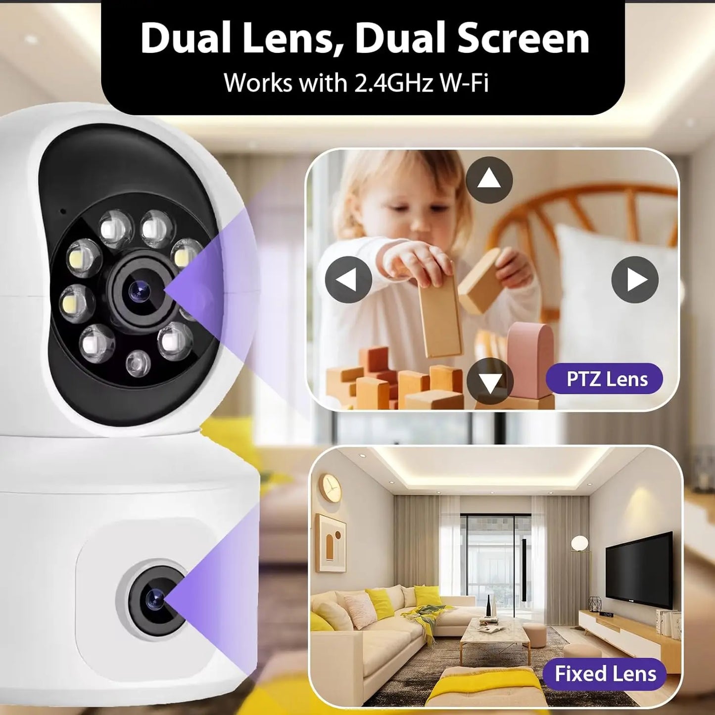 Dual Lens 2K Pan Tilt Indoor Cameras for Home Security 2.4 GHz Pet Dog Camera with Tuya App WiFi Baby Camera Monitor