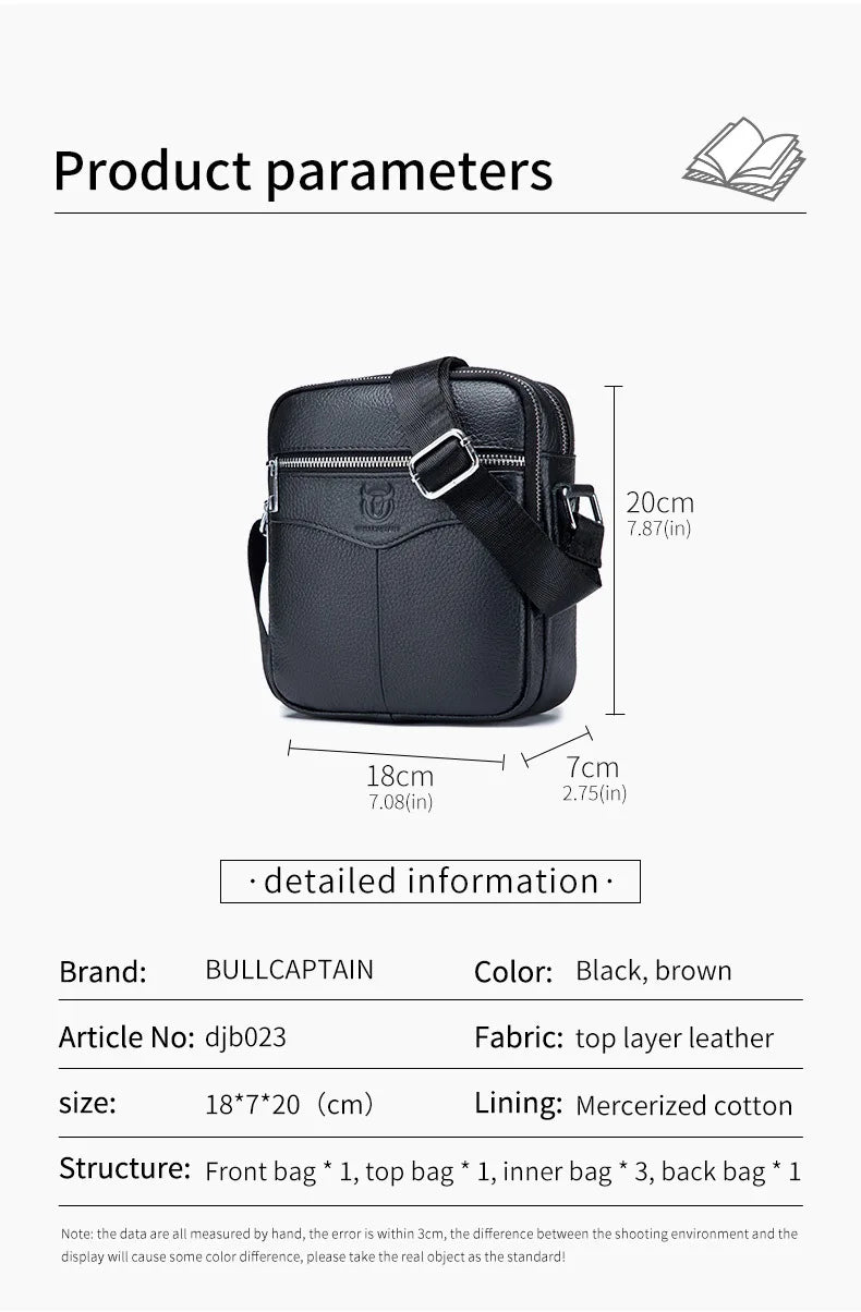 BULLCAPTAIN 2024 New Brand 100% cowhide men's bag shoulder bags high quality messenger small bag retro square luxury  handbag