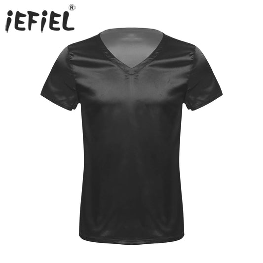 Mens Male Clothing V Neck Short Sleeve Satin Casual Comfortable T-Shirt Loose Pajamas Tops Loungewear Sleepwear Nightwear