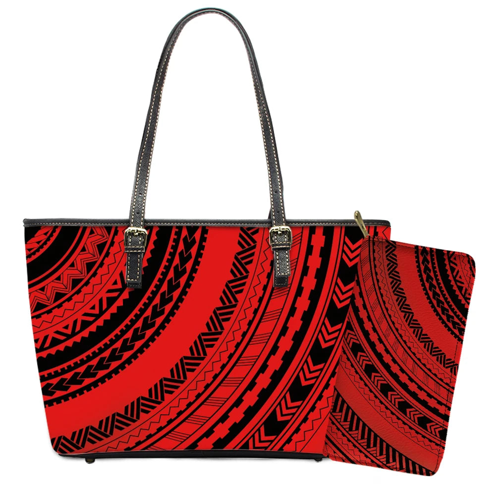 Elegant Polynesian Tribal Hawaii Tropical Leather Purses with Zipper Wallet Luxury Ladies Tote Bag Custom Women's Shoulder Bag