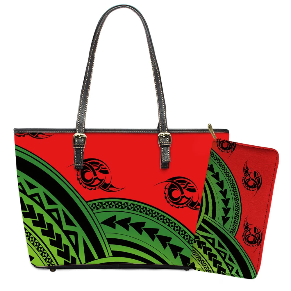 Elegant Polynesian Tribal Hawaii Tropical Leather Purses with Zipper Wallet Luxury Ladies Tote Bag Custom Women's Shoulder Bag