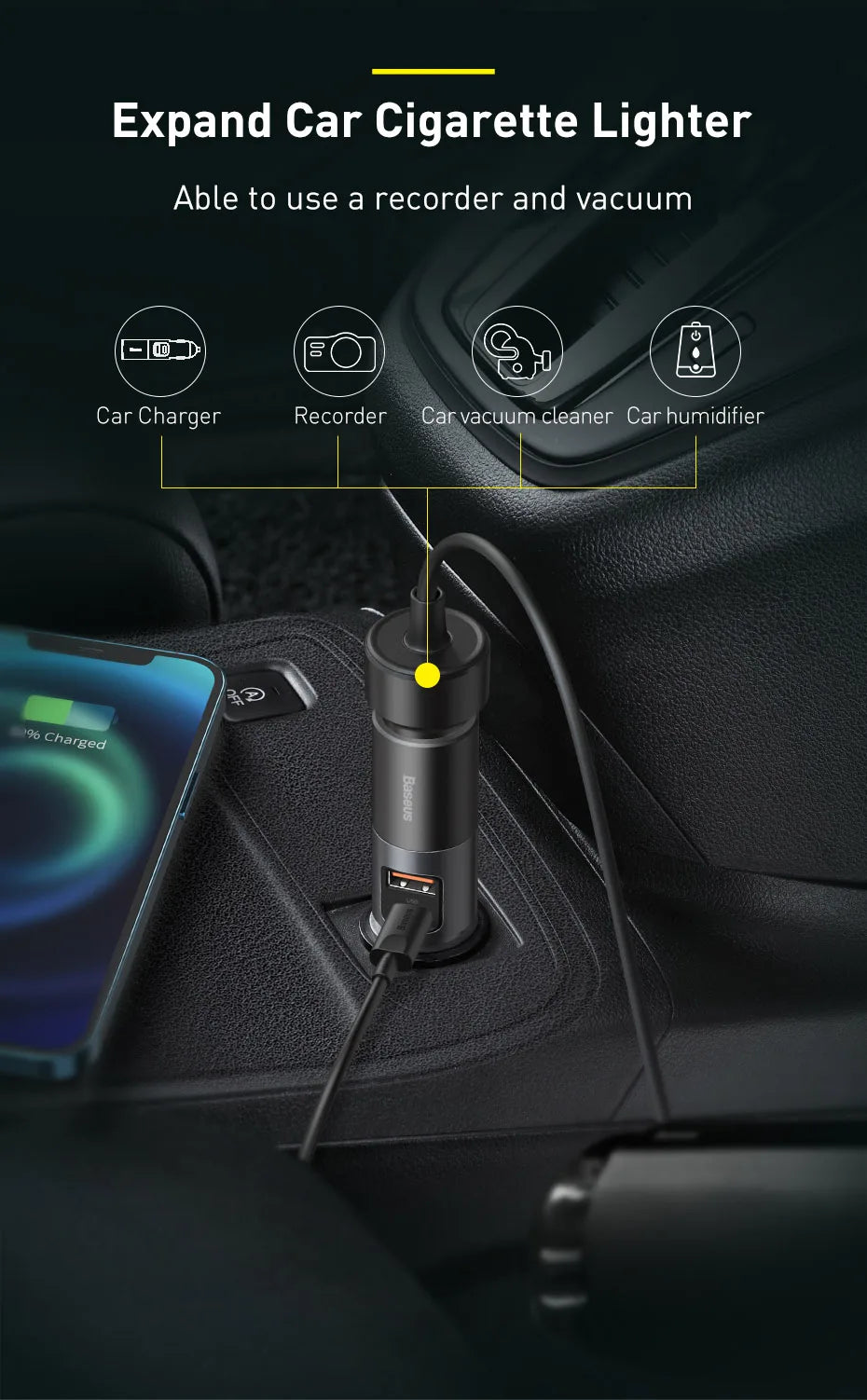 Baseus 120W Car Phone Charger Quick Charge QC 4.0 3.0 Dual USB Type C Expand Charger Adapter For iPhone Xiaomi Samsung Huawei