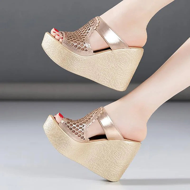 YAERNI High Heel Sandals For Women Summer Peep Toe Lace Mesh Wedge Heels Sandal Women Shoes