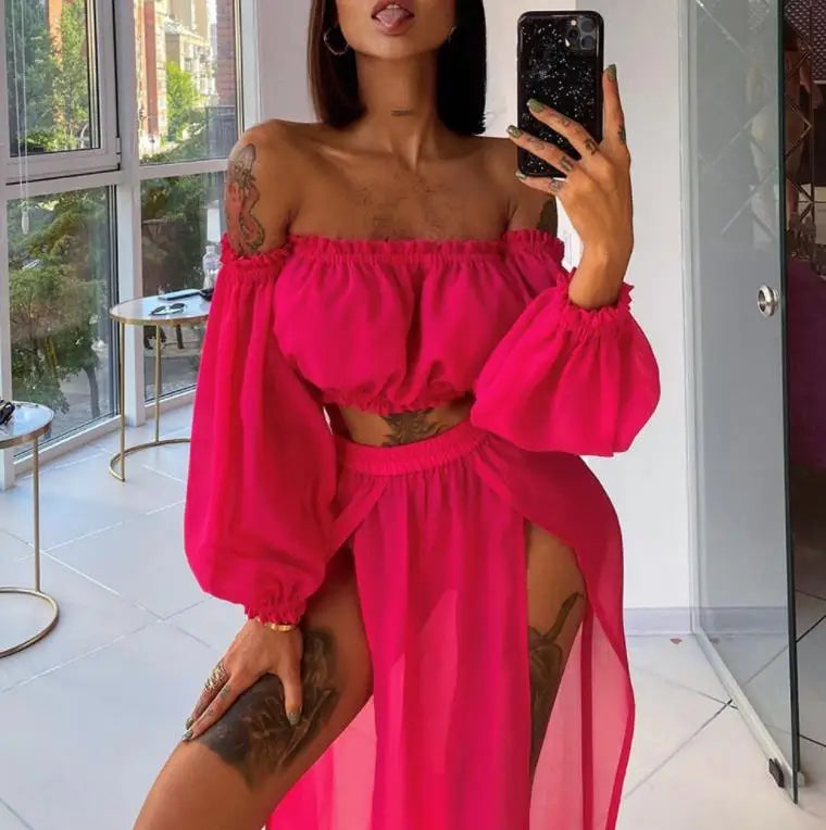 Women Summer Fashion Clothing Set Long Sleeve Off Shoulder Tops and Cover Up Skirt Two-piece Suit for Beach Vacation Travelling