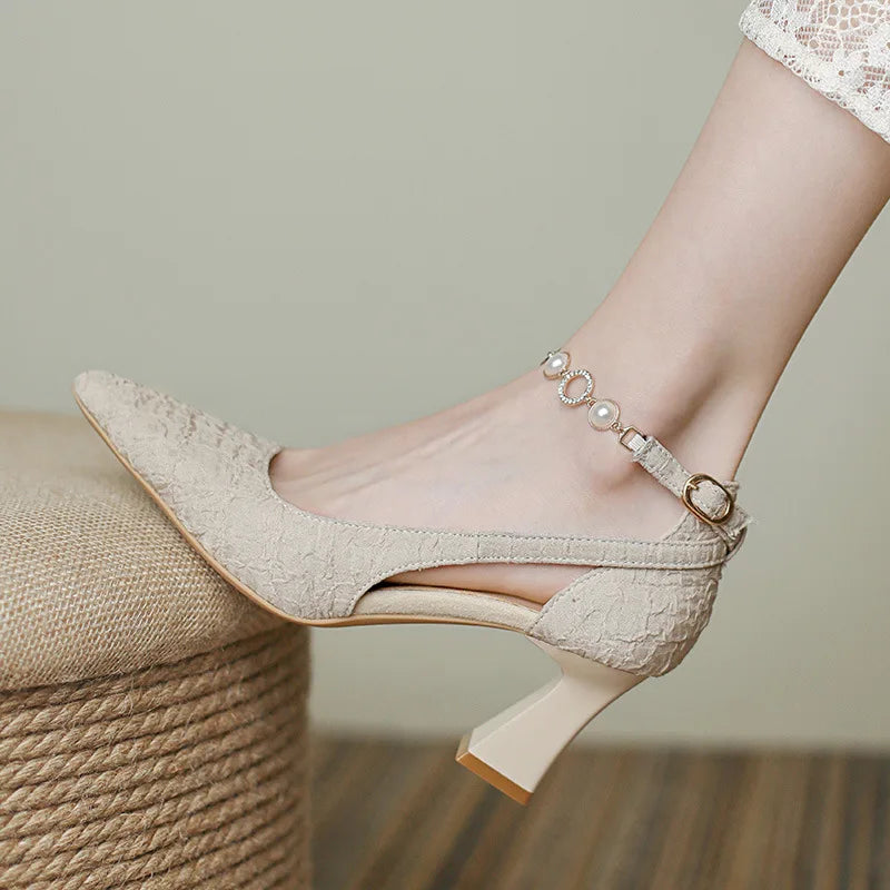 Fashion Women's High Heel Sandals Mature Ladies Thick Heel Pointy Toe Shoes Pearls Chain Casual Shoes for Woman Dressy Sandals