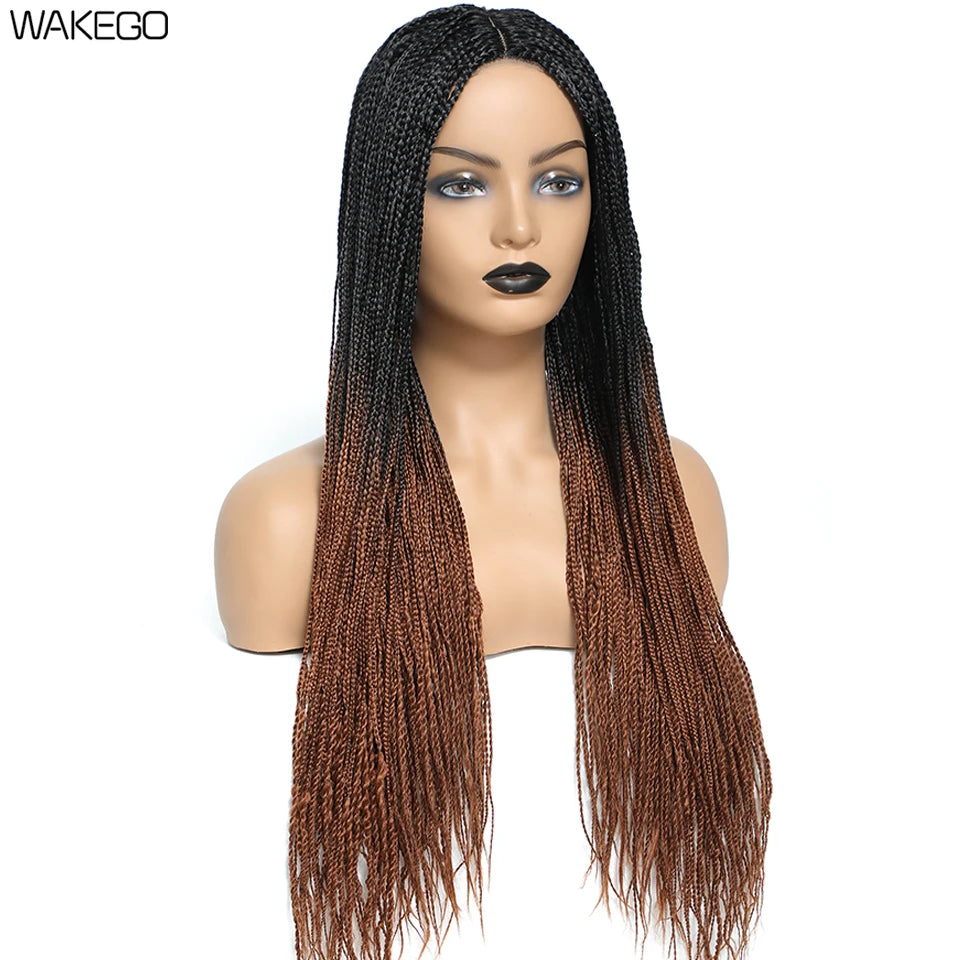 Wakego 26 Inch Ombre Box Braided Wigs For Black Women Braided Wig Fake Scalp Heat Resistant Braiding Hair Wig Peruca Sintetica