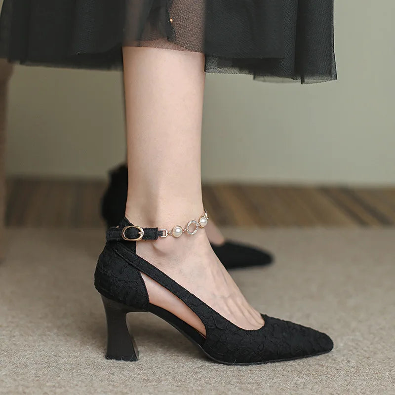 Fashion Women's High Heel Sandals Mature Ladies Thick Heel Pointy Toe Shoes Pearls Chain Casual Shoes for Woman Dressy Sandals