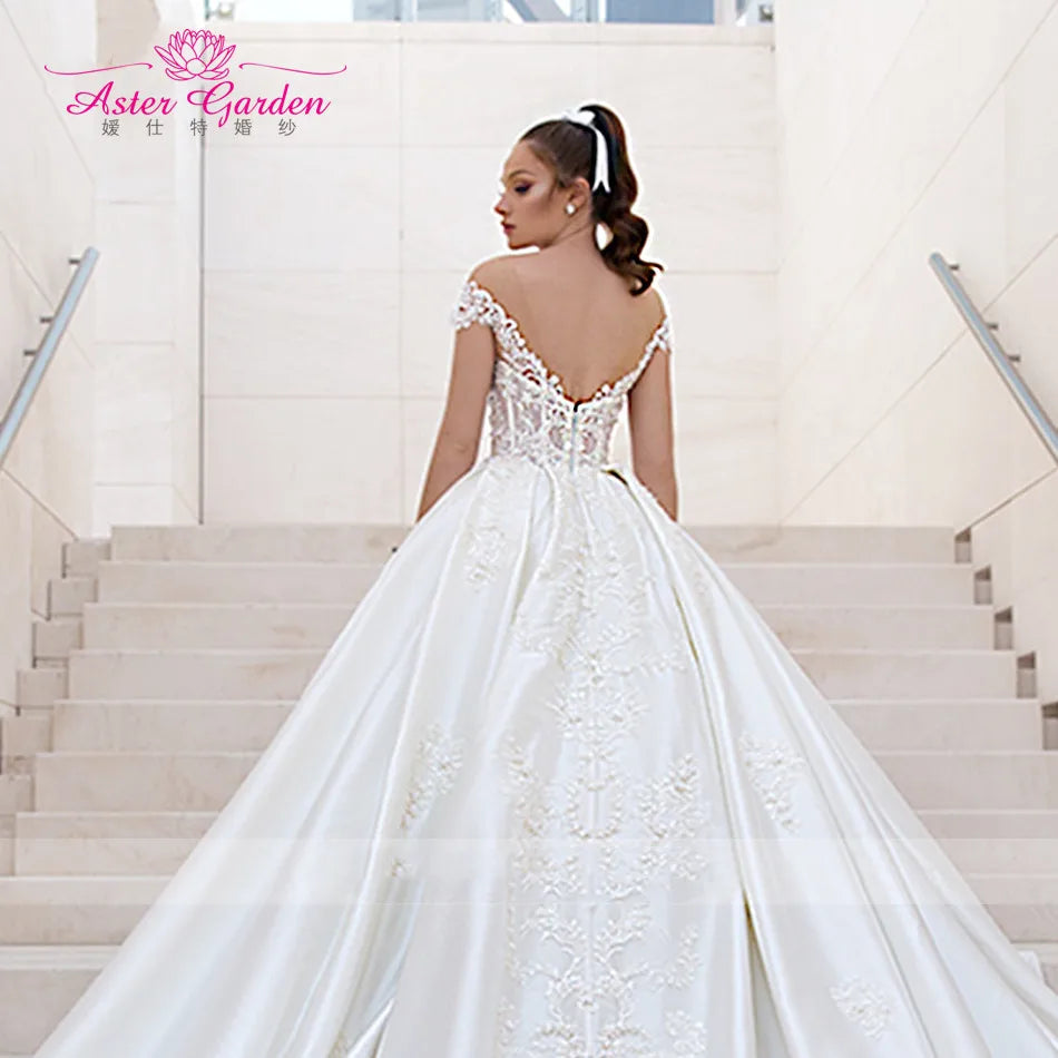 Aster Garden Satin Wedding Dresses 2021 Vestido Noiva Sweetheart Luxury Beaded Lace Princess Bridal Dress A-Line Robe De Mariee