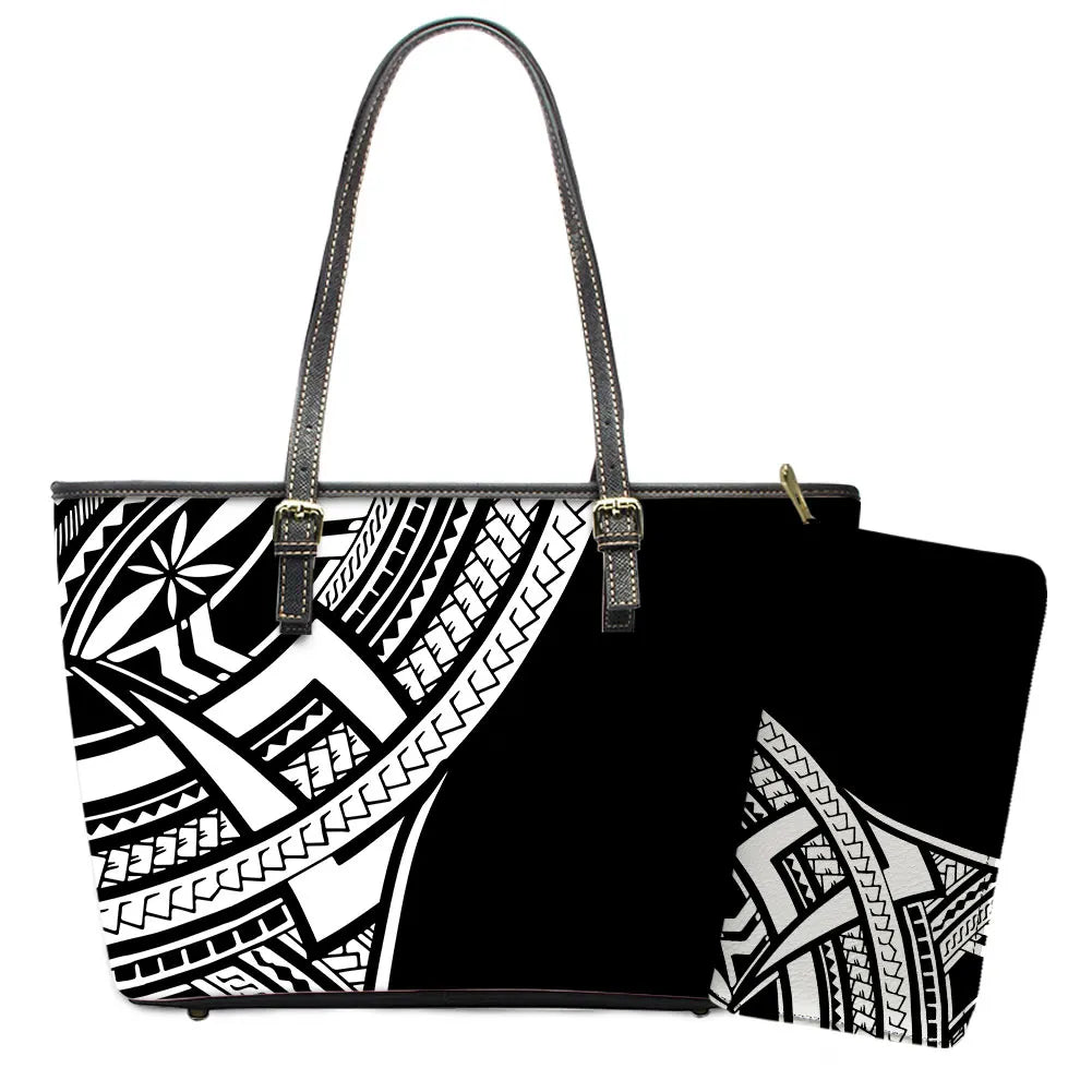 Elegant Polynesian Tribal Hawaii Tropical Leather Purses with Zipper Wallet Luxury Ladies Tote Bag Custom Women's Shoulder Bag