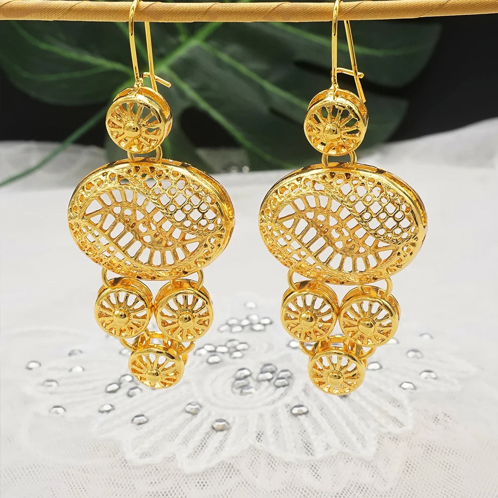 African Gold Color Long Necklace/Earrings/Ring Big Jewelry Set Women Arab Jewelry Wedding Accessories