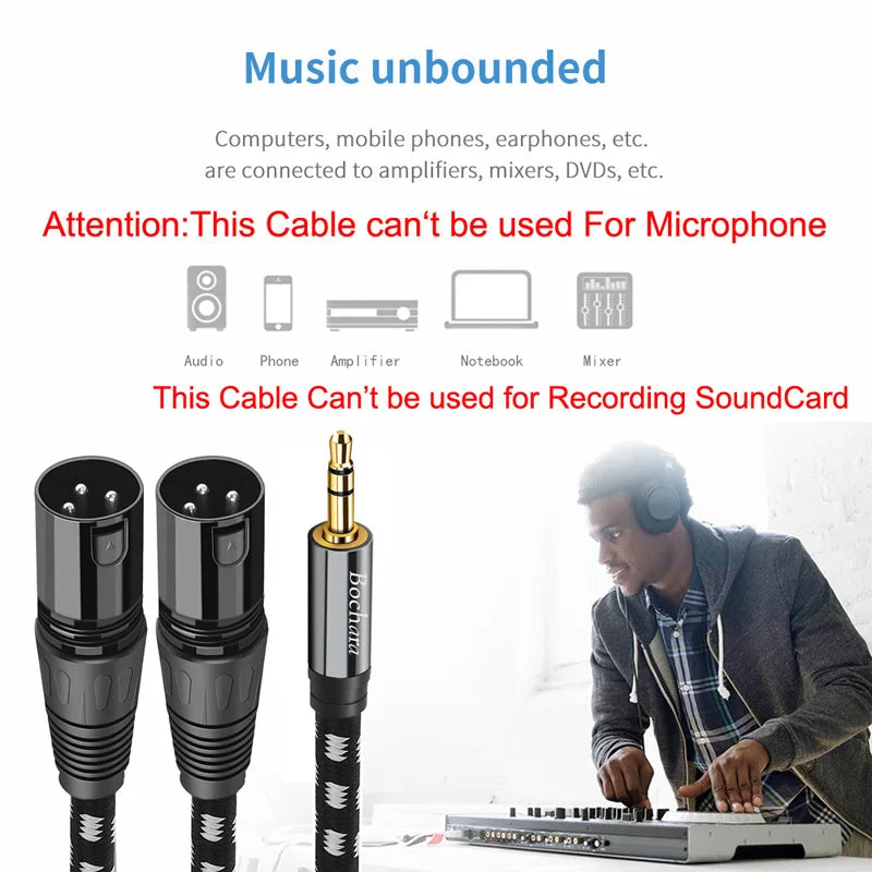 Bochara Braided 3.5mm Stereo Jack  TRS to Dual XLR Male OFC Aux Audio Cable Foil+Braided Shielded 1.5m 3m 5m