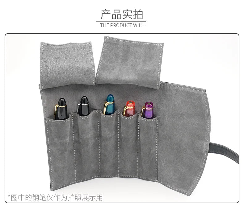 Wancher Genuine Leather Pen Bag 5 Pens Roll Pencil Bag Gift Box Protective Pen Ballpoint Pen Office Accessories Pen Set