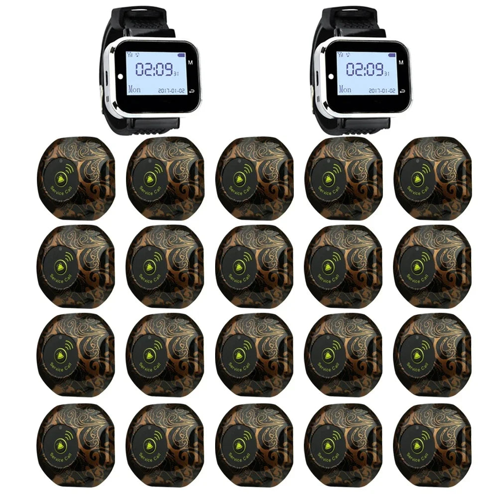 20 Call Button 2 Watch Pager Receiver for Restaurant Cafe Bar Wireless Service Call Bell Guest Calling System Pager