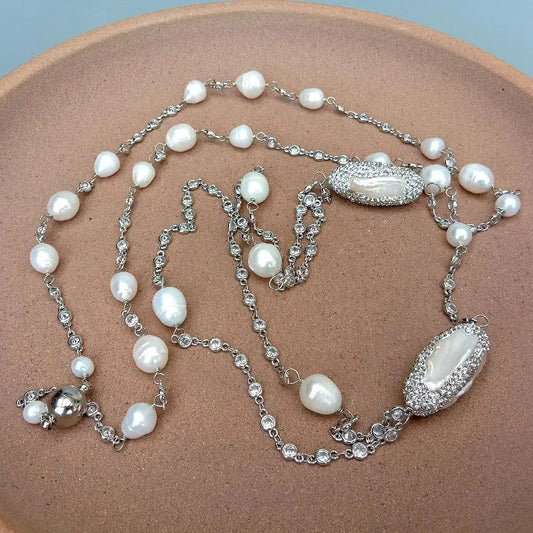 KKGEM Cultured White Biwa Pearl cz pave white gold plated bezel set Sweater chain Necklace Long Fashion Jewelry 40"
