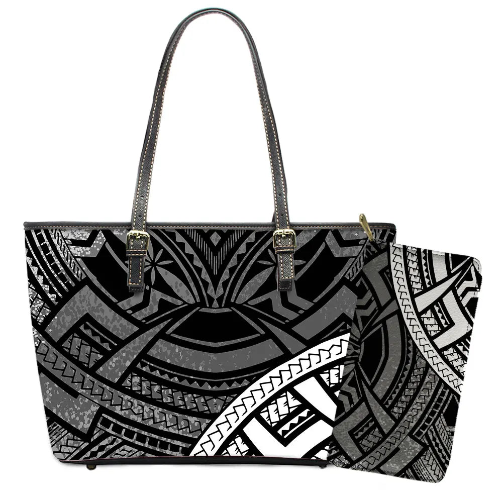 Elegant Polynesian Tribal Hawaii Tropical Leather Purses with Zipper Wallet Luxury Ladies Tote Bag Custom Women's Shoulder Bag