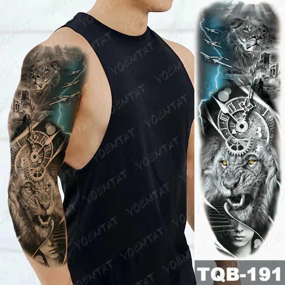 Large Arm Sleeve Tattoo Forest Angel Wolf Lion Waterproof Temporary Tatto Sticker Crown Skull Body Art Full Fake Tatoo Women Men