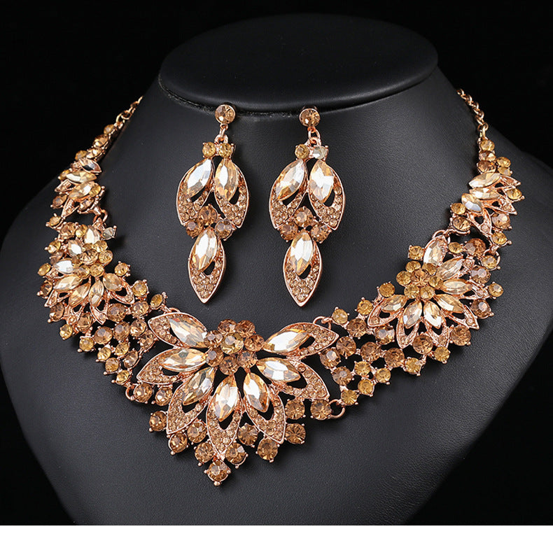Advanced design retro necklace earring set leaf Multicolored flowers luxurious crystal jewelry bride's wedding dress accessories
