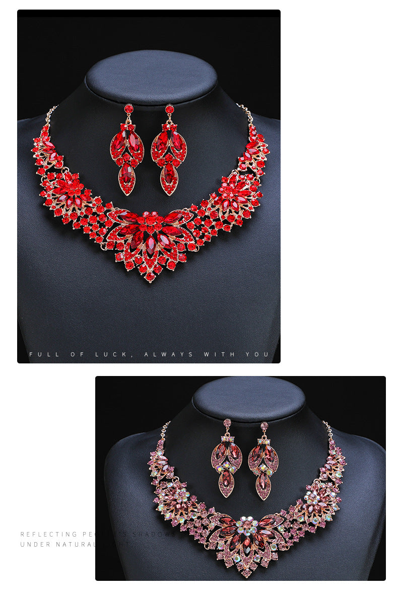 Advanced design retro necklace earring set leaf Multicolored flowers luxurious crystal jewelry bride's wedding dress accessories