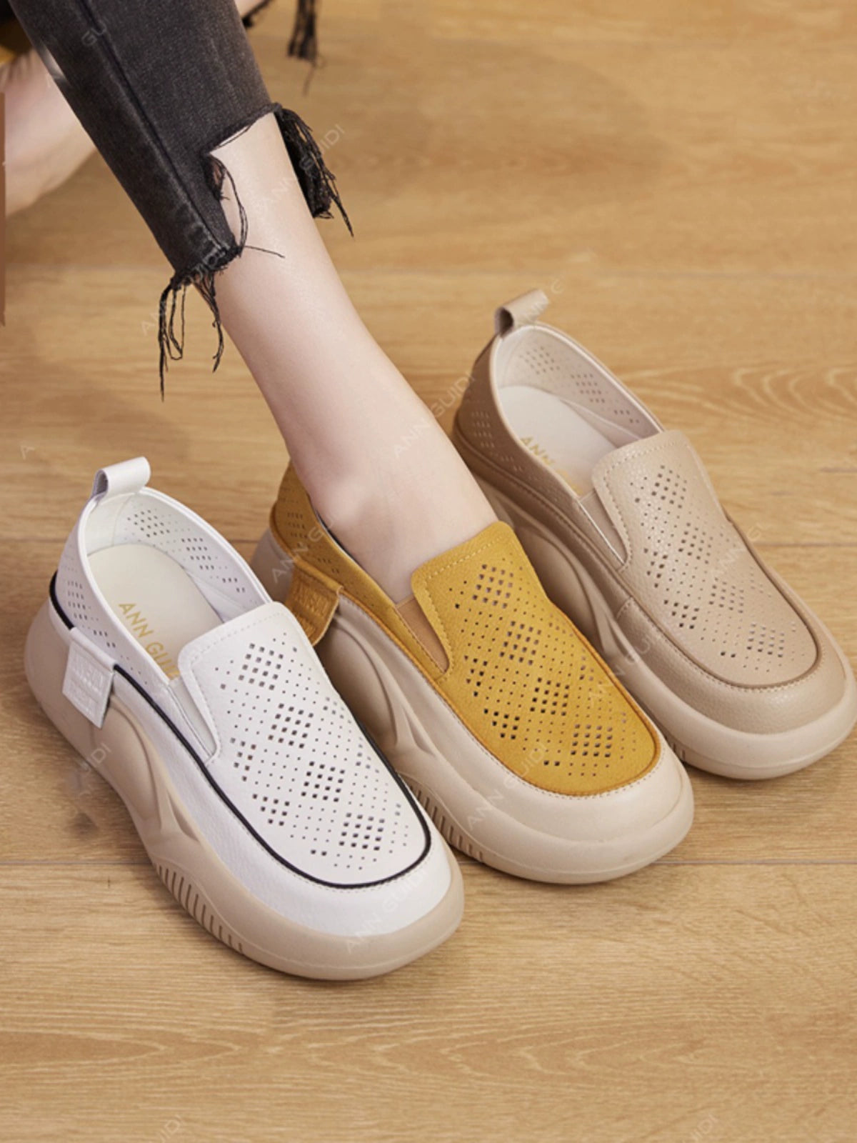 First Layer Cowhide Hollow Soft Bottom Summer Slip-on Flats