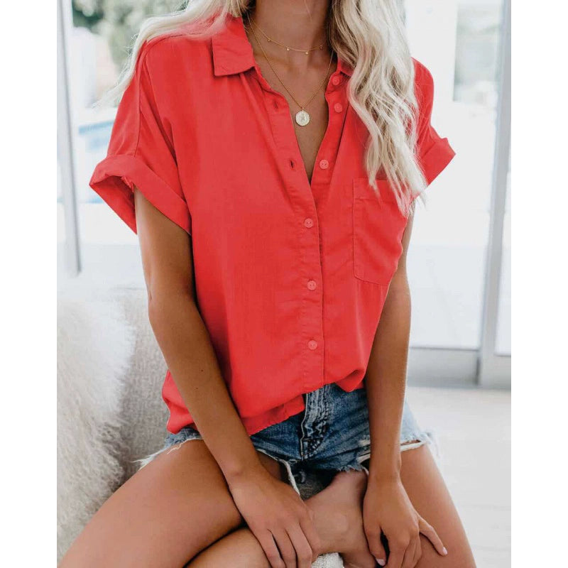 Summer WOMEN'S Short-Sleeved Lapel Button Shirt Blouse