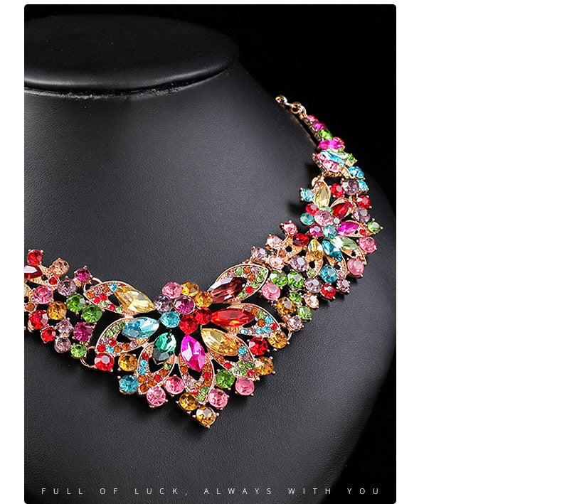 Advanced design retro necklace earring set leaf Multicolored flowers luxurious crystal jewelry bride's wedding dress accessories