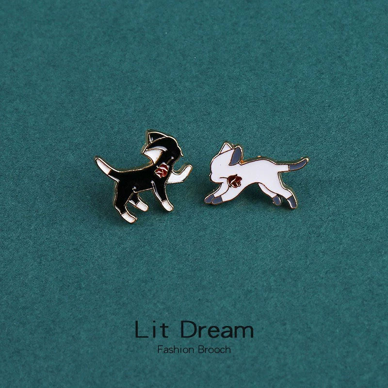 INS Japanese Style Black and White Cat Schoolbag Couple Brooch